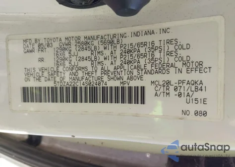 2004 Toyota Sienna Xle z USA, uszkodzony, nr VIN 5TDZA22C14S024074